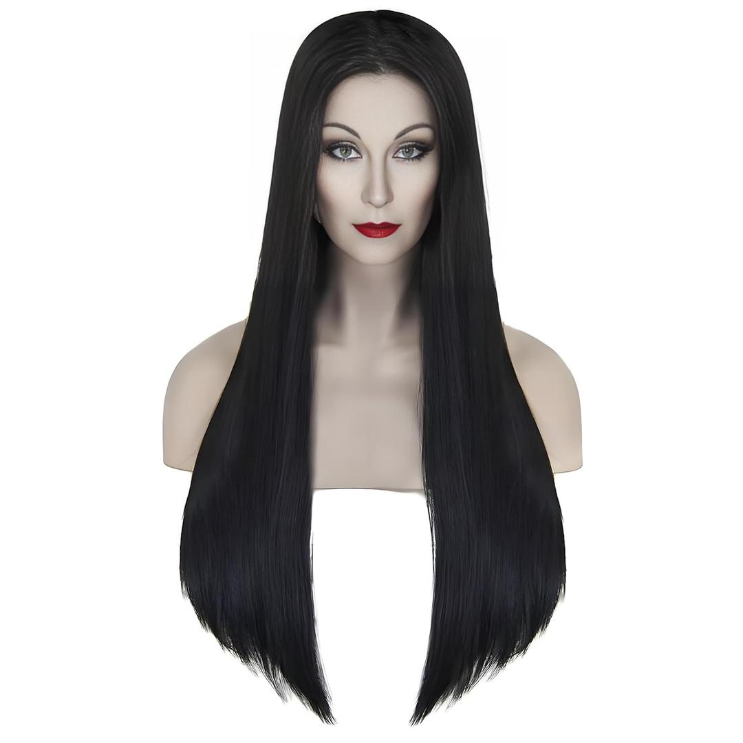 Long Black Morticia Addams Wig, Black Straight Wig for Morticia Costume, Adams Cosplay Hair, Vampire Wigs for Women, Halloween Vintage Gothic Draculaura Wigs (Adult)