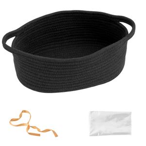 Small Woven Gift Basket Empty with Bag & Ribbon - Gifts for Mom, Baby Shower, Birthdays & Raffle - Cotton Rope Storage Basket for Dog Toys or Shelf - 12"x8"x5", Black