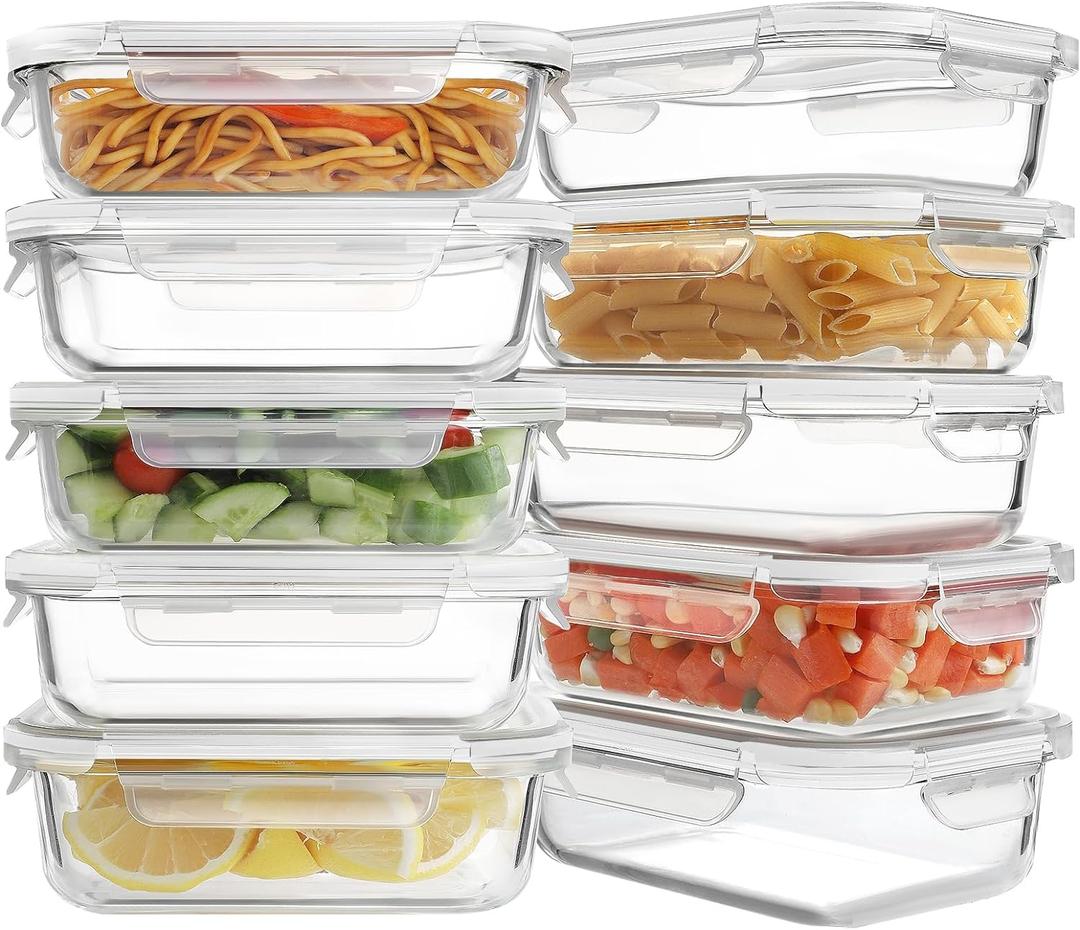 HOMBERKING 10 Pack 22oz Glass Meal Prep Containers, Glass Food Storage Containers with Lids, Airtight Glass Lunch Bento Boxes, BPA-Free & Leak Proof (10 lids & 10 Containers) - White