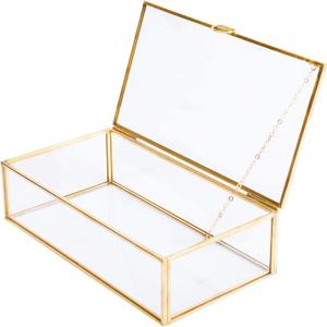 Golden Vintage Glass Lidded Box Edge Bracelet Keepsake Decorative Jewelry Display Personalized Large Clear Rectangle Box Rings Bracelet Golden Organizer Home Decor (8x4.5x2in)