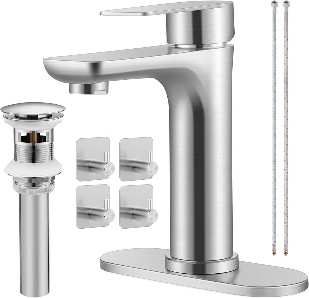 Herogo Bathroom Sink Faucet 1 or 3 Holes, Brushed Nickel Bathroom Faucet with Pop-up Drain, Hooks & Water Supply Hoses, Stainless Steel, Single Handle, for Vanity RV Farmhouse