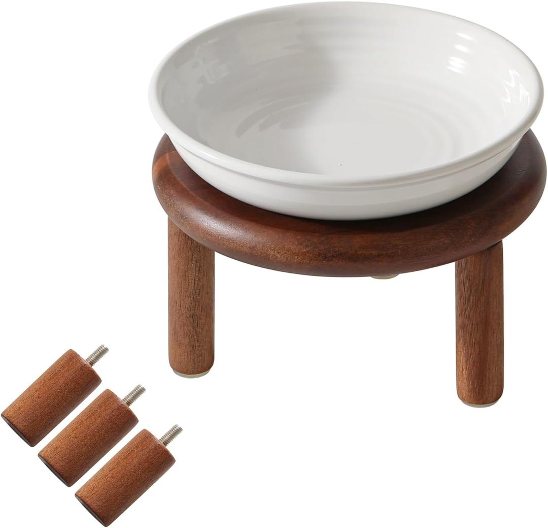 Elevated Ceramic Cat Dish, Wide Whisker Friendly Anti-Slip Food & Water Bowl with 2 Heights Adjustable Acacia Wooden Stand - Pet Bowl Set for Cats (1 Dish + 1 Stand, White)