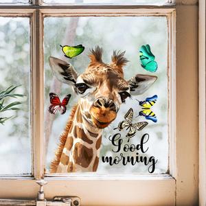 Supzone Cartoon Giraffe Butterfly Window Decals - Realistic Good Morning Giraffe Reusable Anti-Collision Double-Side Window Sticker for Living Room Bedroom Glass Door Decoration