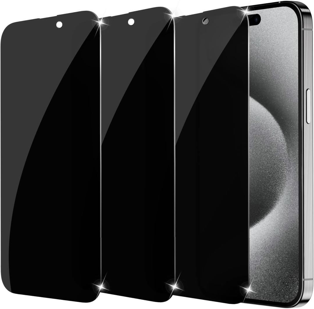 sorlnern 3-Pack for Privacy Screen Protector for iPhone 15/15 Pro, Sensor Protection, Anti Spy Private Tempered Glass Film, Touch Sensitive, Bubble-Free, 9H Hardness Screen Protection 6.1 Inch