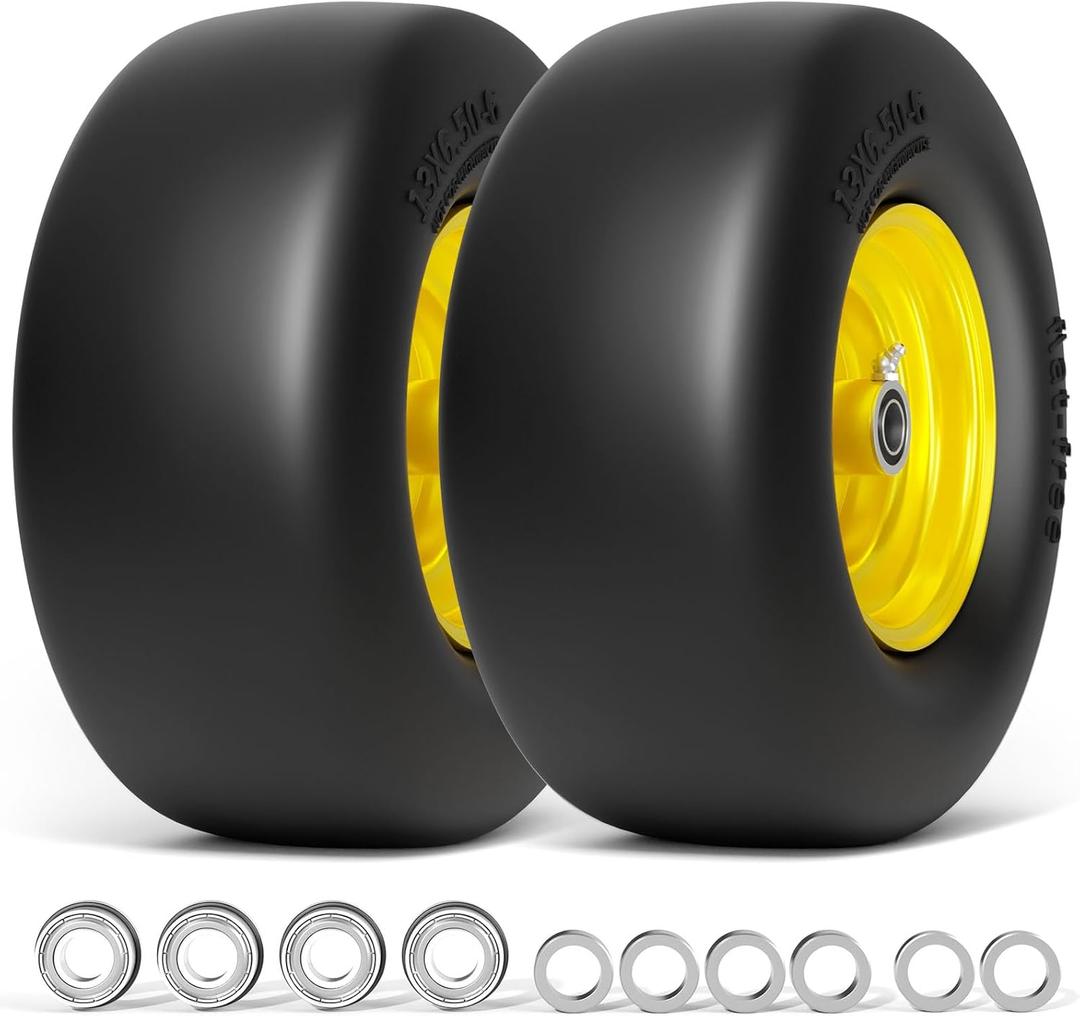 13x6.50-6 Lawn Mower Tires Flat Free, Zero Turn Mower Front Tires for Residential and Commercial, 13x6.5-6 Flat Free Tire and Wheel, 3/4" & 5/8" Bearing, 3.25"-7.65" Center Hub, 2Pack Yellow