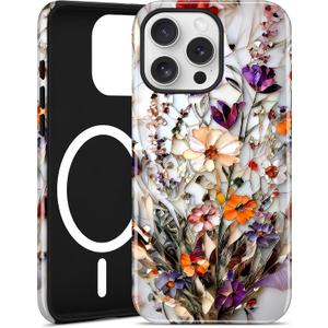 Jusy Magnetic Stained Glass Floral Case for iPhone 16 Pro, Bouquet | Compatible with MagSafe, Cute Aesthetic Flower Design, TPU and PC Protective Phone Cover