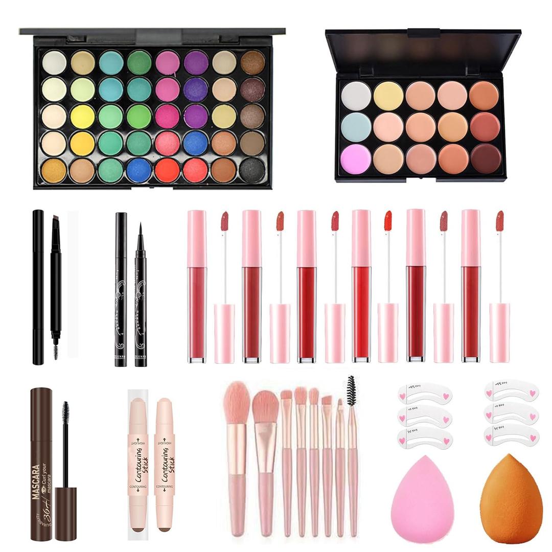 All in One Makeup Kit for Women Full Kit - 40 Colors Eyeshadow Palette, 15 Concealer Palette, Lip Gloss, Contour Stick, Brow Pencil, Eyeliner, Mascara & Mini Brush Set