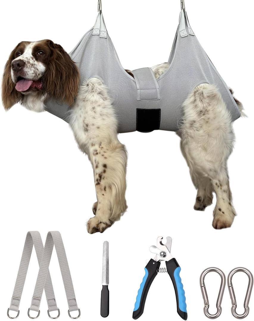 Dog Grooming Hammock Hanging Harness for Nail Trimming X-Large Dog Grooming Sling with Thick Neck Support, Gray Dog Hanger Holder Restraint for Pet Grooming (XL (80 LB Max) Silver Grey 13-22.5in)