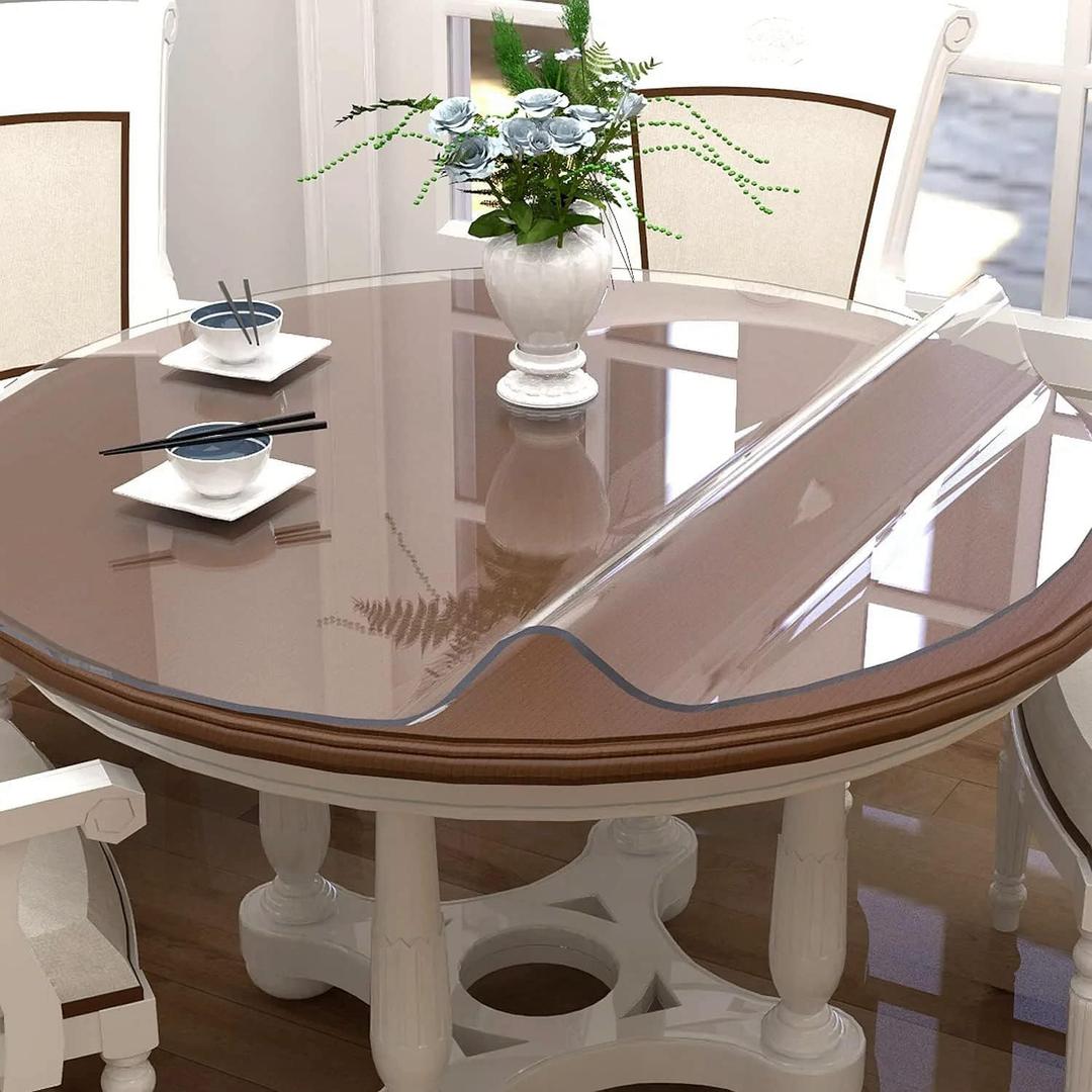 NECAUX 24 Inch Round Clear Table Cover Protector, 2mm Thick Upgraded Version, Unshrinkable Waterproof Scratch Resistant Plastic Table Top Protector Circle Table Pad for Coffee Table Living Room Table