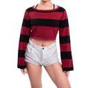 Striped Gothic Cropped Sweater Women Boat Neck Drop Shoulder Pullover Long Sleeve Knitted Crop Top Y2K Streetwear Tops Black XL