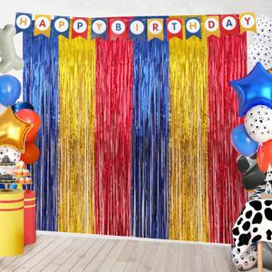 2 x Paw Birthday Decorations, 2 Pack Blue Gold Red Foil Fringe Curtains Streamers for Cartoon Animal Birthday Dog Party Supplies Backdrop House Doorway Room Decor