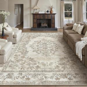 PureCozy 8x10 Area Rug Beige Washable Vintage Distressed Living Room Carpet Large Bedroom Indoor Medallion Floral Non Slip Retro Throw Floor Mat for Office Dining Room Kitchen Bathroom, Vintage Beige/Cream, Low Pile, 8' x 10' (Rectangular)