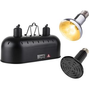 15 inch Dual Reptile Light Fixture, Max 150W Dual Reptile Heat Lamp Fixture with 100W UVA UVB Sun Light & Ceramic Heat Emitter,Double Dome Lamp for Terrarium and Tortoise Habitat