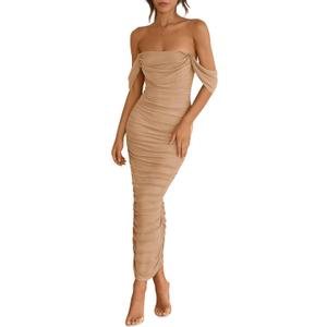 PRETTYGARDEN Womens 2025 Summer Off The Shoulder Dress Ruched Bodycon Sleeveless Split Cocktail Party Maxi Dresses (XX-Large, Khaki)