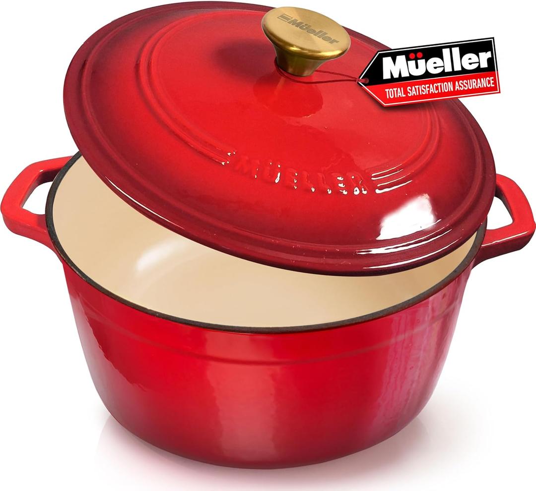 Mueller 6 Qt Enameled Cast Iron Dutch Oven, Heavy-Duty Casserole Dish and Braiser Pan with Lid and Stainless Knob, Safe for All Cooktops (6 Quart, Red)