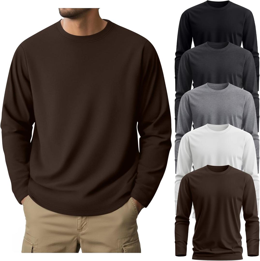 Ficerd 5 Pack Mens Big and Tall Shirts Cotton Long Sleeve Top Loose Casual Basic Shirts Crewneck Oversize Multipack Tee (XX-Large, Brown, Light Gray, Dark Gray, White, Black)