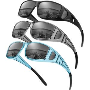 KALIYADI Sunglasses Fit-Over-Glasses Polarized Sunglasses-Men: Wrap Around Sun Glasses Womens with UV Protection for Driving (B-matte Black/Grey + Transparent Grey/Grey + Transparent Blue/Grey)