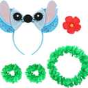 Hawaiian Luau Party Outfit for Women Girls - Green Leis Garland, Red Tropiacl Flower Hair Clip & Blue Stitch Ears Headband for Halloween