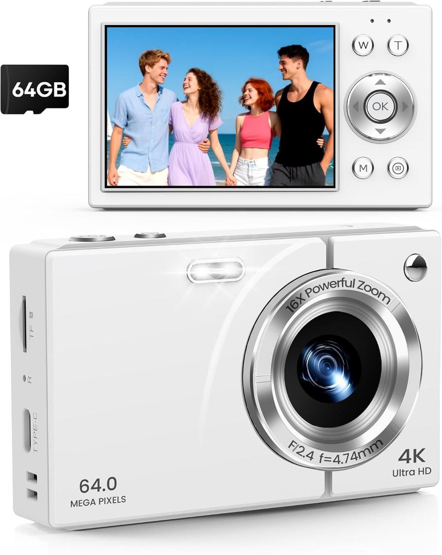 Digital Camera, 4K Vlogging Camera with Autofocus, 64MP, 16X Zoom, 64GB Card Included, Built-in Battery, Compact Digital Camera for Teens Adult Beginners, Ideal for Travel & YouTube - White
