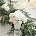 Floroom 6ft Artificial Eucalyptus Garland with Flowers Fake Greenery Faux Floral Vine Garland for Table Decor Wedding Centerpieces Bridal Shower Party Decorations, Ivory White