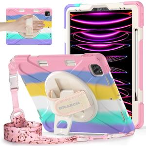 BRAECNstock Kids Case for Apple iPad Air 13 inch (M3/ M2)/ Pro 12.9 inch 6th/5th/4th/3rd Geneation, Shockproof Protective Case with Pencil Holder, [360 Rotating Hand Strap + Stand], Colorful Pink