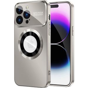 Magnetic for iPhone 14 Pro Case, Compatible with MagSafe, Built-in Camera Lens Protector, Logo View, Military Grade Drop Proof Phone Case Cover, Titanium Gray