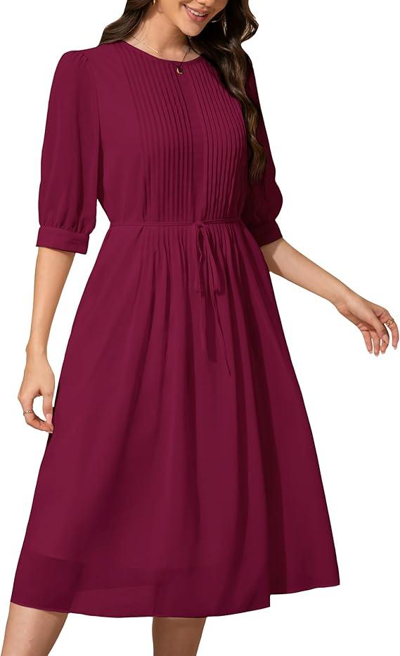 Wldrsd Solid Color Relaxed Dresses 2025 Women's Casual 3/4 Sleeve Crew Neck Flowy Swing A Line Dresses with Pockets (Red, Large)