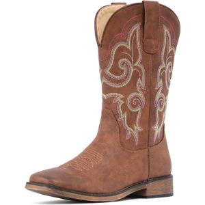 IUV Cowboy Boots For Women Square Toe Wide Western Boots Mid Calf Cowgirl Boots Pull On Fashion Embroidered Cowboy Boots (8.5)