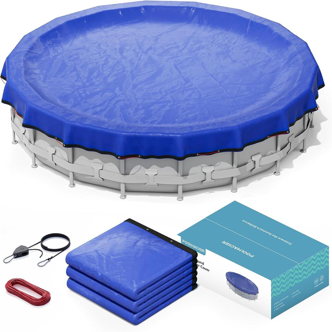 POOLHACKER Winter Pool Cover 15FT/18FT/21FT/24FT Round Above Ground - Round Pool Cover 21ft Round Above Ground, 4 Foot Overlap Extra Thick 420D Round Above Ground Pool Cover with Winch and Cable