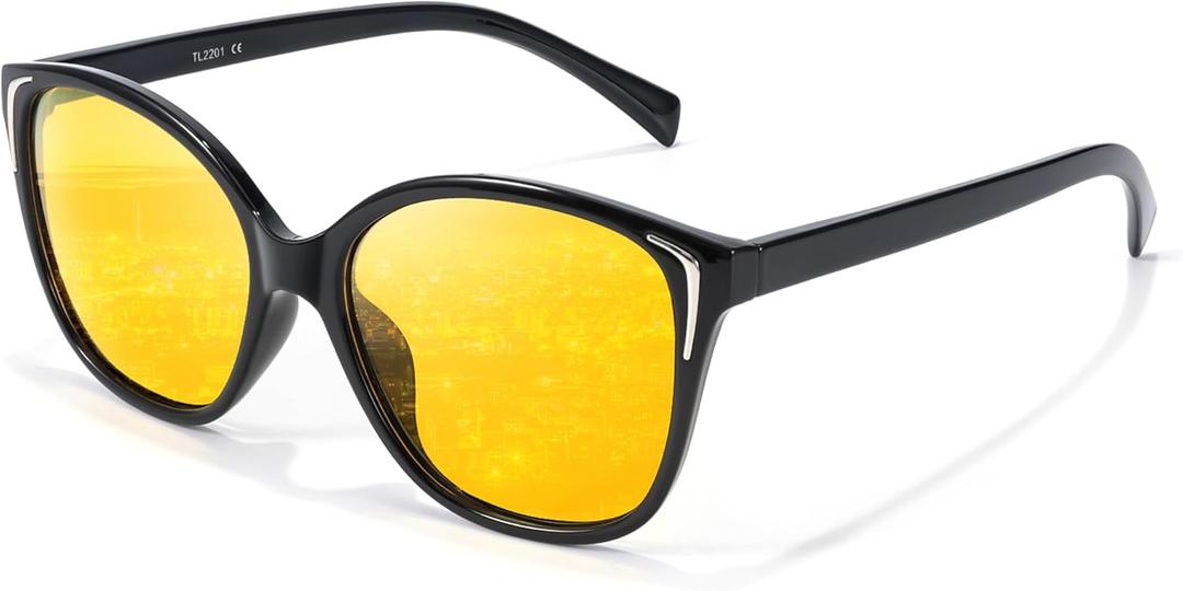 LVIOE Night Vision Driving Glasses for Women Men Anti Glare Polarized Night Time Glasses HD Yellow Lens N7718 (A01 Glossy Black Frame / Night Vision)
