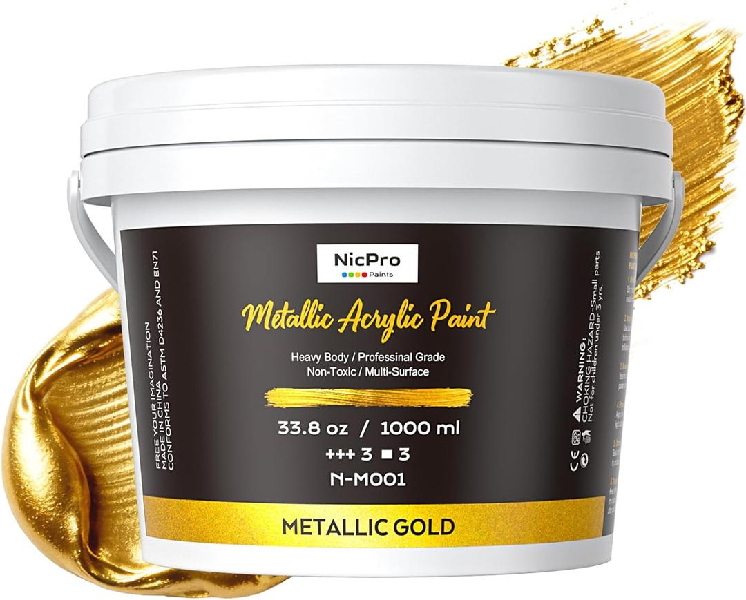 Nicpro Metallic Gold Acrylic Paint, 33.8oz/1000ml Large Heavy Body Gold Acrylic Paint, Non Toxic, Non Fading, Rich Pigment Gold Leaf Paint for Metal, Wood, Canvas, Furniture, Handcrafts, DIY Decor