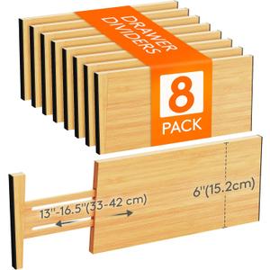 Lifewit 8 Pack 6" Deep Bamboo Drawer Dividers, 13-16.5" Expandable Drawer Organisers for Clothes, Adjustable Dresser Drawer Divider, Clothing Drawers Separators for Dresser, Bedroom, Bathroom, Office