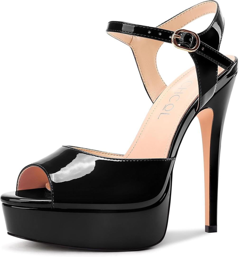 Aachcol Womens Peep Toe Platform Heels Ankle Strap Stiletto High Heel Sandals Prom Dress Shoes 5.1 Inches Heels, Size 9
