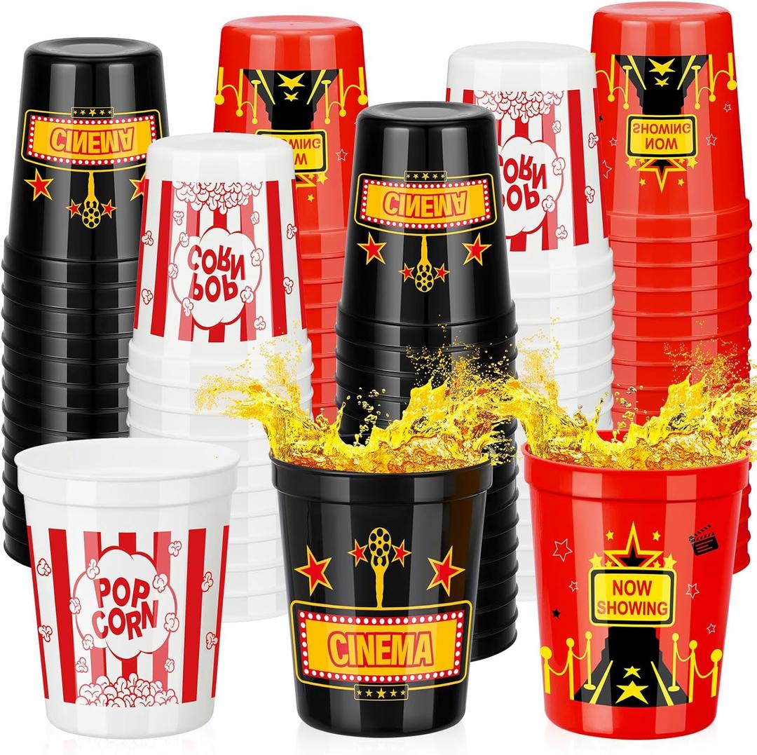 Domensi 48 Pcs Movie Night Cups 16oz Movie Night Party Supplies Party Decorations Reusable Stadium Plastic Cups for Movie Night Theme Party Birthday Gift
