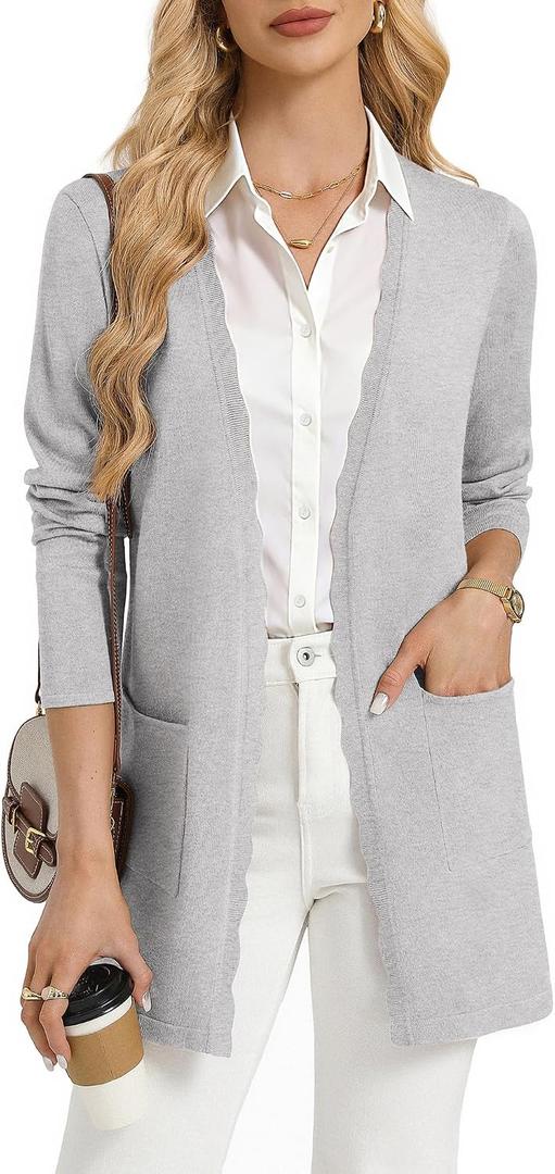 GRACE KARIN Long Cardigan Sweaters for Women Business Casual Fall Outfits | Pockets, Scalloped Placket, Open Front Long Sleeve Business Casual Outfits, Knit Teacher Outfits, Lightweight Sweater Blazer (Gray), M