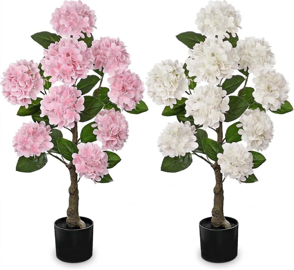 3FT Pink and White Hydrangea Artificial Flowers Tree Large Real Touch Faux Silk Hydrangea Plants Potted Fake Flower in Black Pot for Home Indoor Outdoor Front Porch Garden Entrance Living Room Decor, 2 Pack