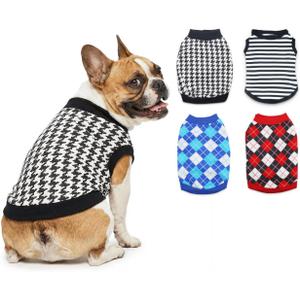 4 Pack Cat Shirts Small Dog Boy T Shirt Striped Dogs Clothes Plaid Dog Sweaters for Boys Houndstooth Printed Dog Tshirts Puppy T-Shirt for Small Dogs (Large (8.8-13.2lb))