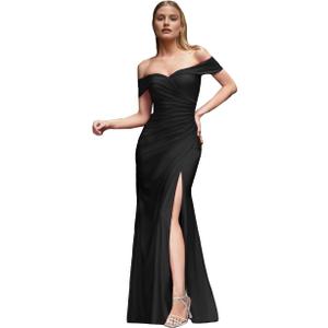Women's Off Shoulder Mermaid Prom Dresses Satin Formal Evening Party Gowns Ruched Slit Bridesmaid Dresses (10, Black)