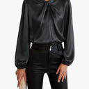 GRACE KARIN Women's Satin Silk Blouse Mock Neck Long Sleeve Fall Blouses 2024 Elegant Casual Office Work Dressy Shirts Tops Black L