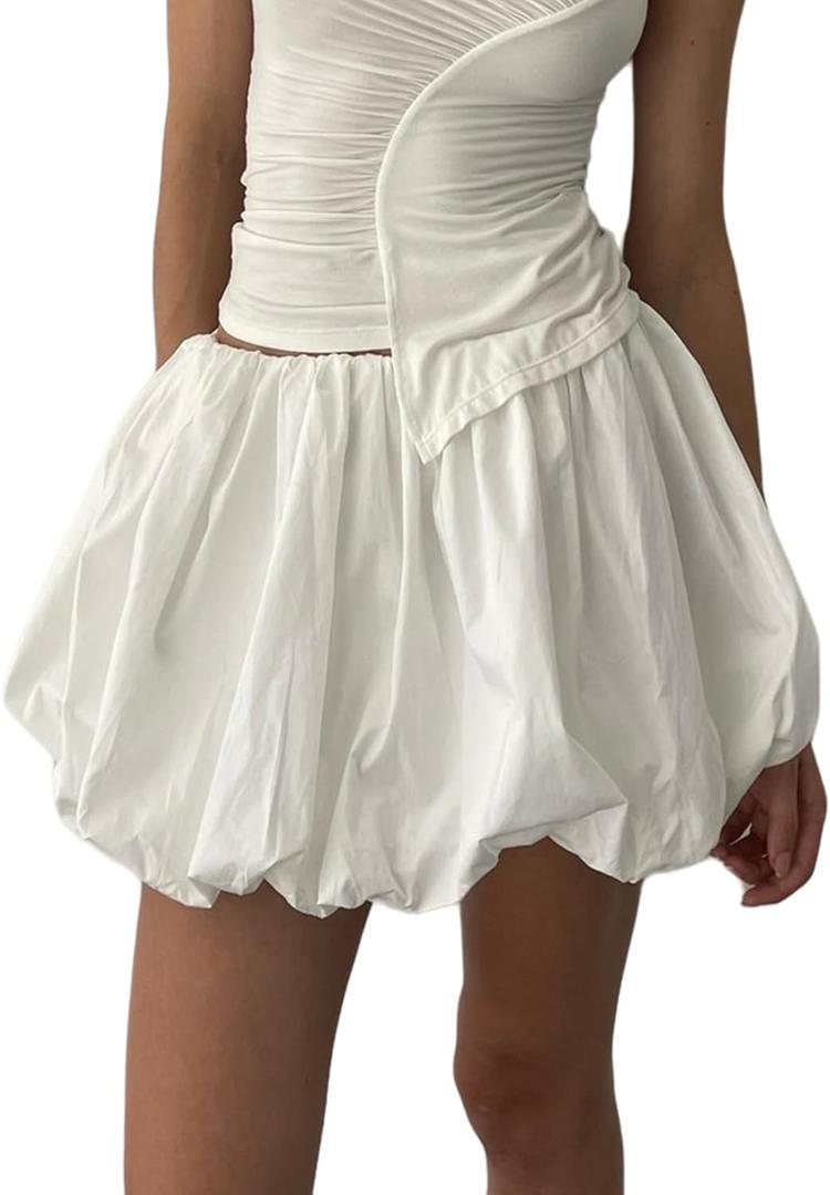 Women Y2K Bubble Skirt High Waist Ruffle Hem A Line Pleated Mini Short Skirt Teen Girls Puffy Short Skirts Streetwear (Medium, White)