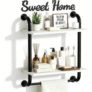 Tinpin Bathroom Shelves Wall Mounted, Rustic Farmhouse Pipe Shelves 2-Tier, Floating Shelf Wall Decor for Bathroom, Kitchen, Bedroom, Living Room Thanksgiving Day 17.3in White