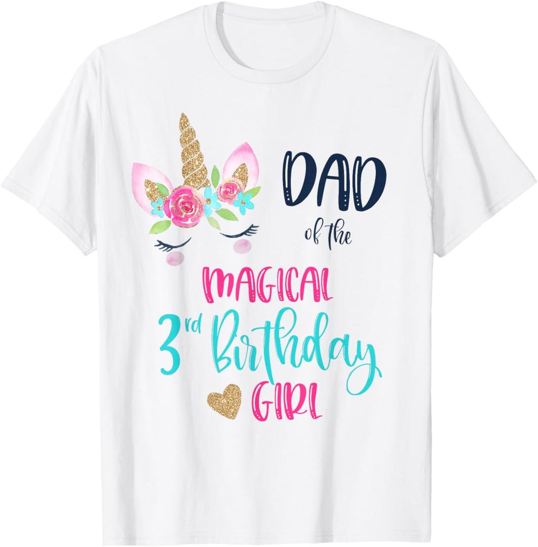 Unicorn Dad of the 3rd Birthday Girl Shirt Matching Papa T-Shirt, Male Large
