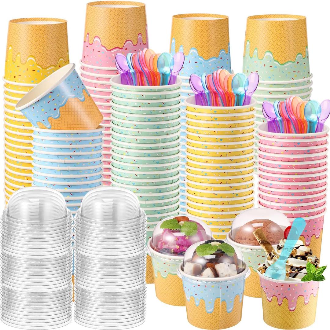 Jingmore 100 Pack Ice Cream Cups with Lids and Spoons Paper Dessert Cups Colorful Sundae Bowls Disposable Ice Cream Containers for Hot Soup Spring Summer Graduation Bar Party Supplies (6 oz)
