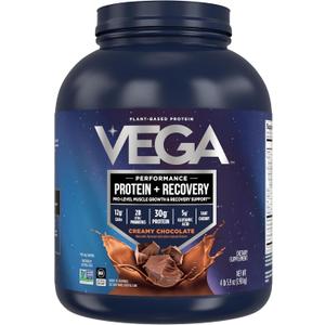 Vega Sport Vegan Protein Powder + Recovery - 30g Plant Based Protein per Serving, Chocolate, 45 Servings, 5g BCAAs, Probiotics, NSF Certified, for Shakes & Smoothies, 4.4lbs