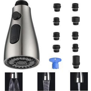 Kitchen Faucet Sprayer Head Replacement - Pull Down Faucet Spray Head with 9 Adapters, 3 Functions Spray Head Spiral (Brushed Nickel)