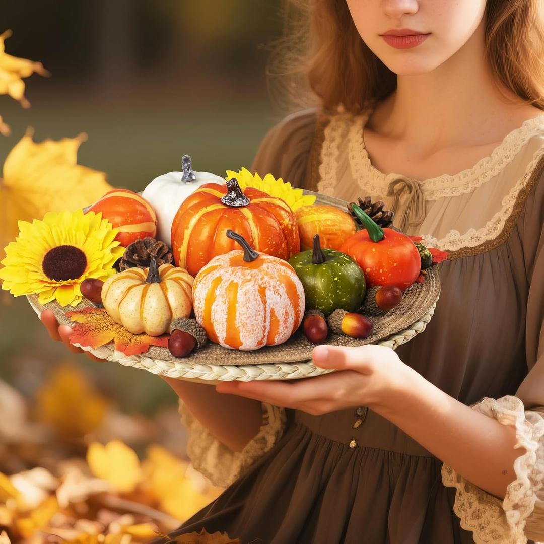 3 x 20pcs Halloween mini Artificial Craft Fake Pumpkin DecorFall Decorations with Pumpkins Acorn Pinecones Sunflowers for Halloween Fall Thanksgiving Decor Set Dining Table Living Room Party