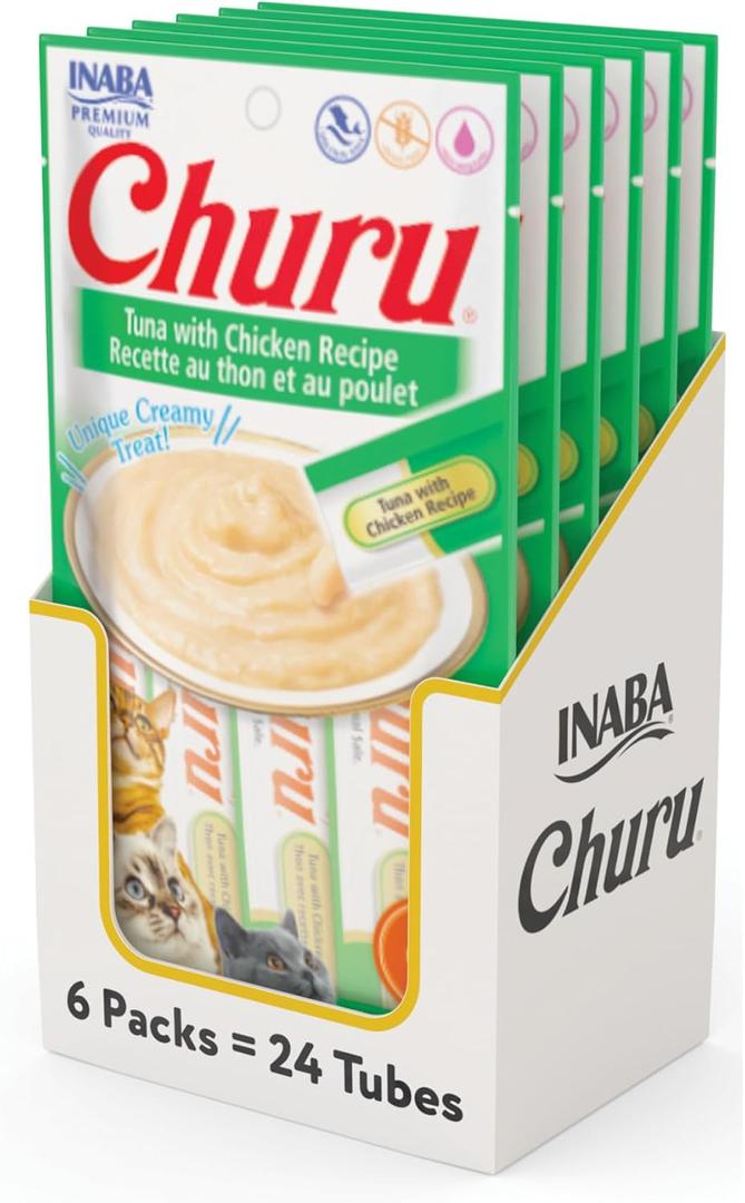 INABA Churu Cat Treats, Grain-Free, Lickable, Squeezable Creamy Pure Cat Treat/Topper with Vitamin E & Taurine, 0.5 Ounces Each Tube, 24 Tubes (4 per Pack), Tuna with Chicken Recipe (EXP 01/25/26)