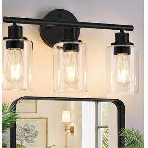3-Light Bathroom Light Fixtures, 17.23" Black Modern Vanity Lights with Clear Glass Shade, Bathroom Wall Lamp for Mirror Kitchen Living Room Hallway Cabinet Porch