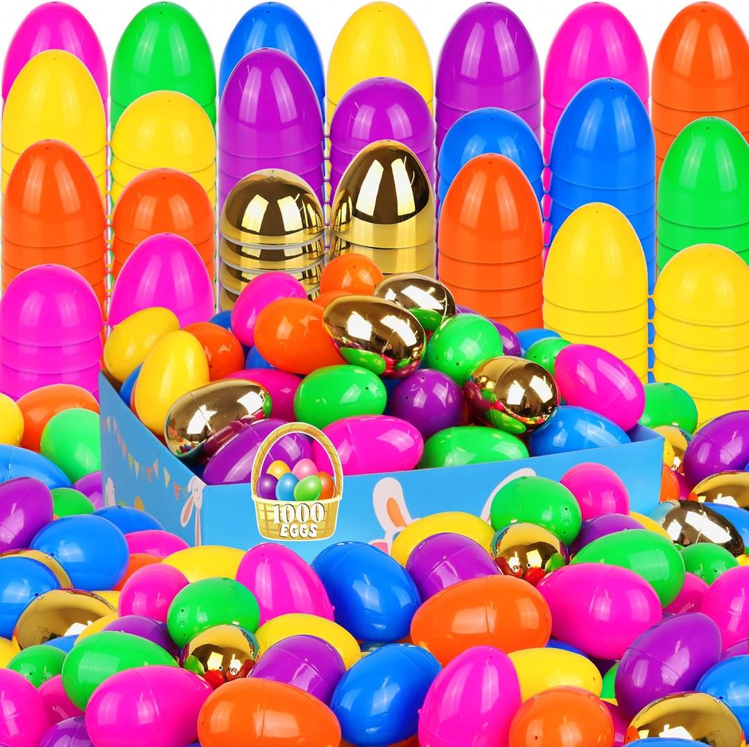 1000 Pack Colorful Fillable Easter Eggs with 6 Surprise Golden Eggs, 2.4 Inch Plastic Easter Egg Empty for Easter Hunt Party Favors Easter Basket Stuffers Fillers Classroom Prizes for Kids Boys Girls