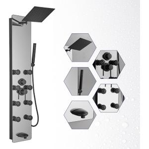 BWE Stainless Steel Shower Panel Tower System,Multi-Function Tempered Glass Shower Panel,Rainfall Shower Head Sprayer 8-Massage Jets with Tub Spout Hand Shower for Home Hotel Resort Split Type Black
